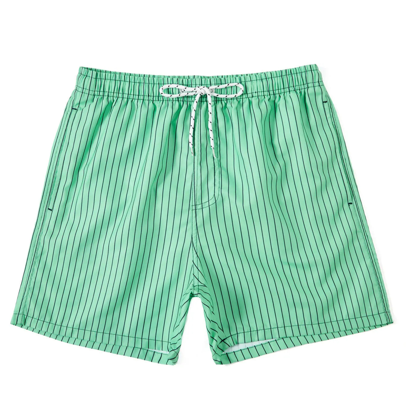 Striped men's beach shorts in navy blue with straight leg opening and polyester fabric