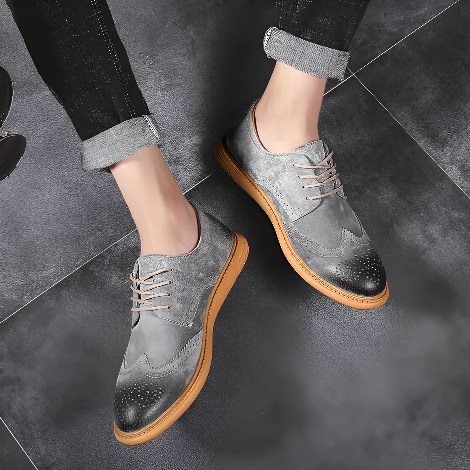 Men's black genuine cowhide leather low top business shoes with lace-up design and rubber sole.
