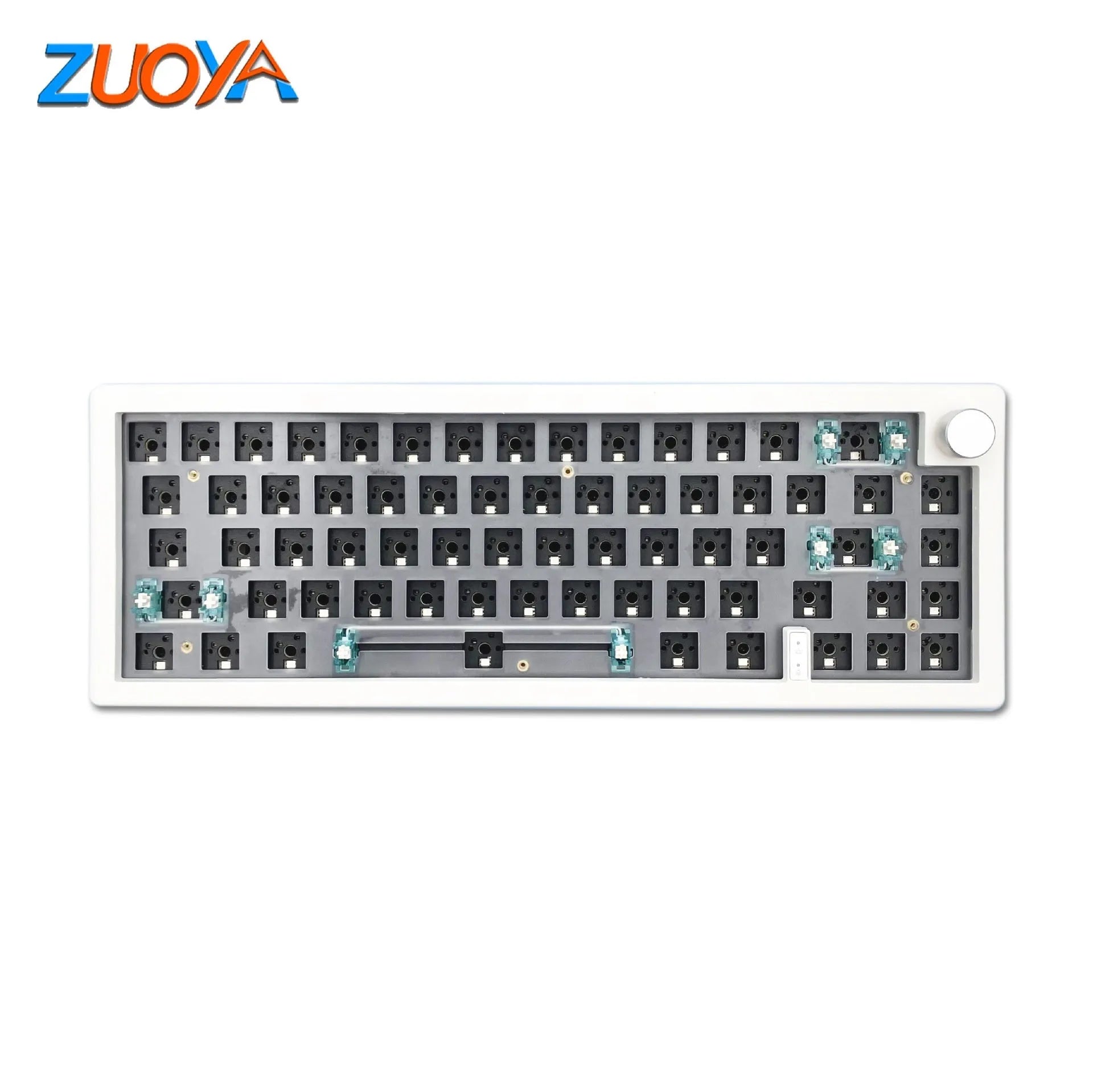 DIY mechanical keyboard kit with RGB lighting and control knob in seven colour options
