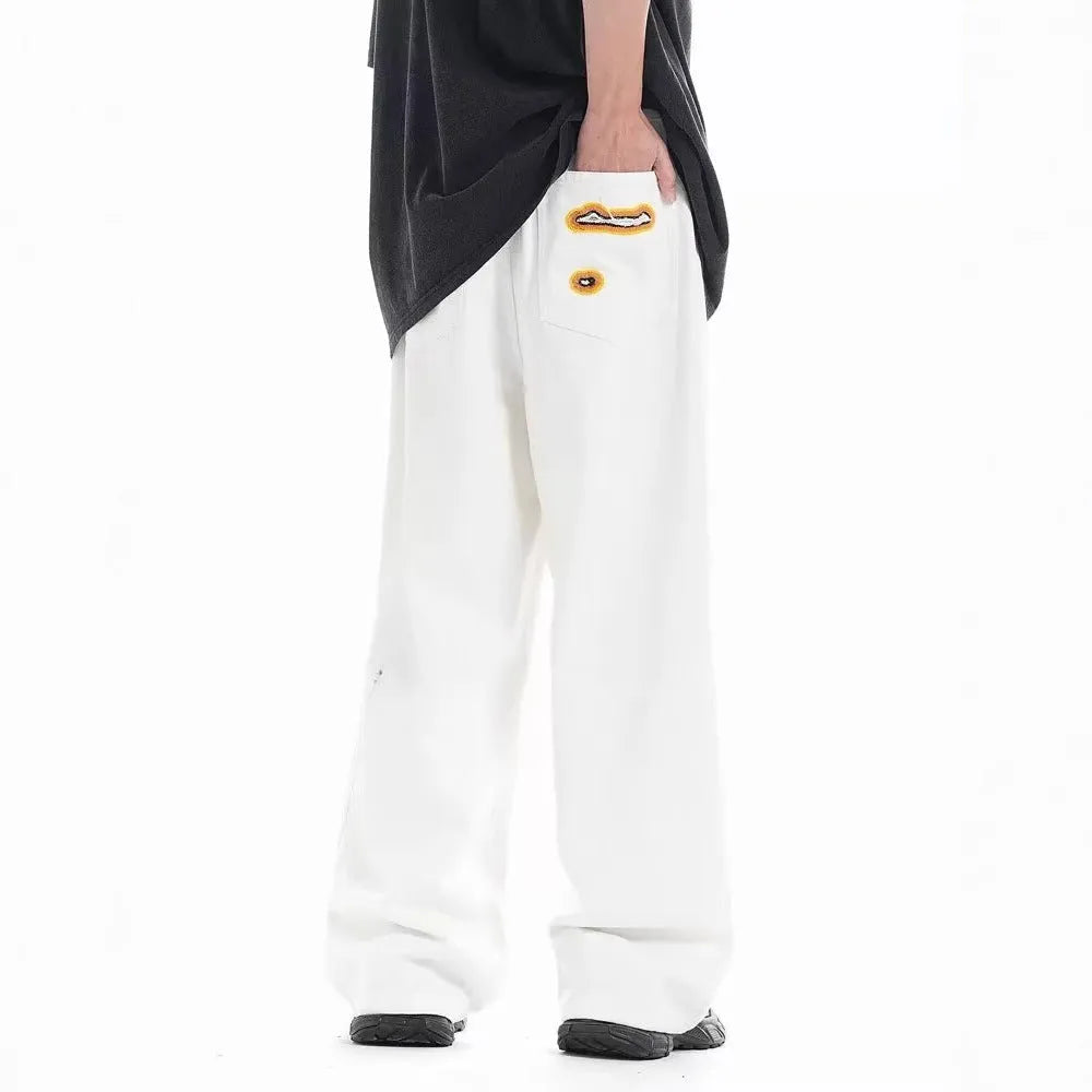 Casual Straight-Leg Trousers Cotton Blend Fabric Retro Washed Ripped Embroidery Niche Design Loose Fit Zipper Fly Sizes S-4XL White Unisex Everyday Wear