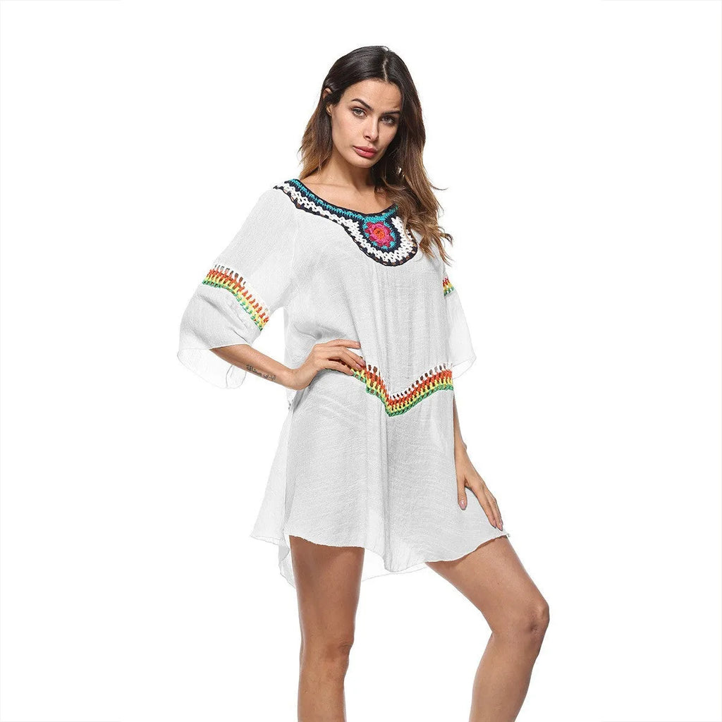 Crocheted ethnic style beach clothing set for women in acrylic fabric with sun protection for swimming