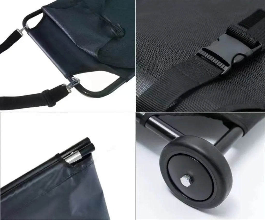 Large black folding pet stretcher with aluminium alloy frame for emergency dog transfer.