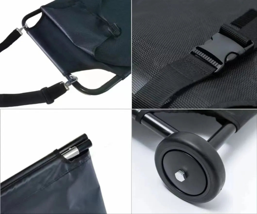 Large black folding pet stretcher with aluminium alloy frame for emergency dog transfer.