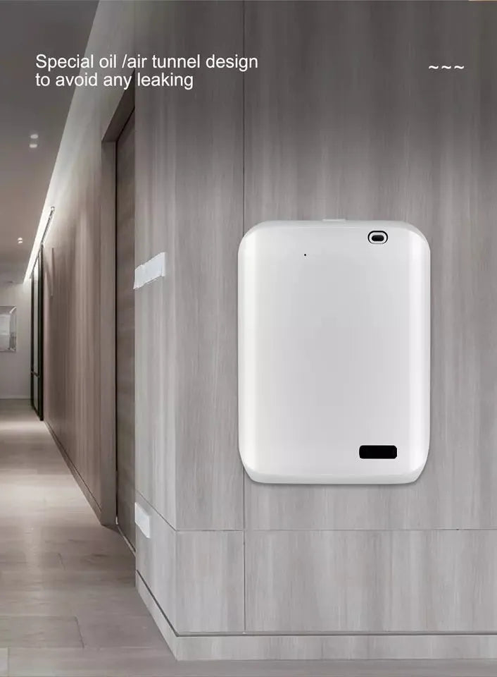 White HVAC wall-mounted essential oil diffuser with 150ml capacity and mobile app control features