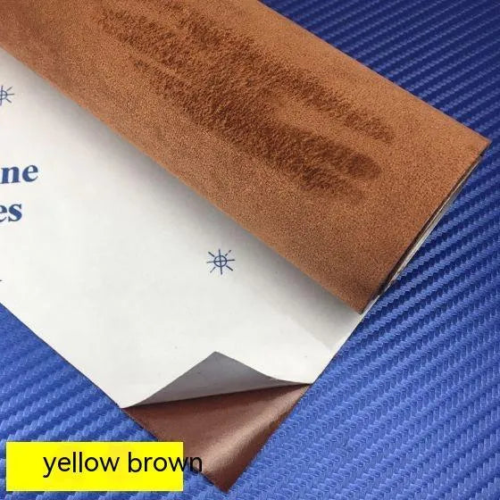 Self-adhesive suede fabric sheet in beige colour with adhesive backing visible, showing size options for interior decoration.