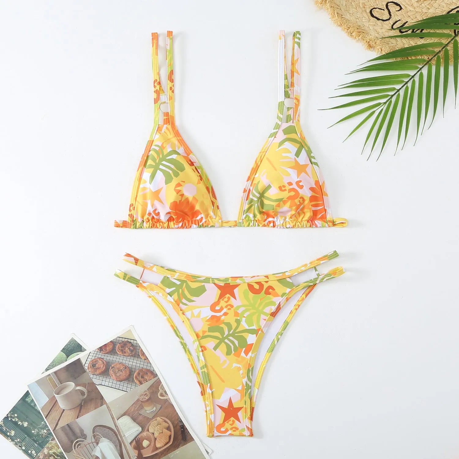 Women's halter printed bikini briefs in polyester with floral pattern for swimming