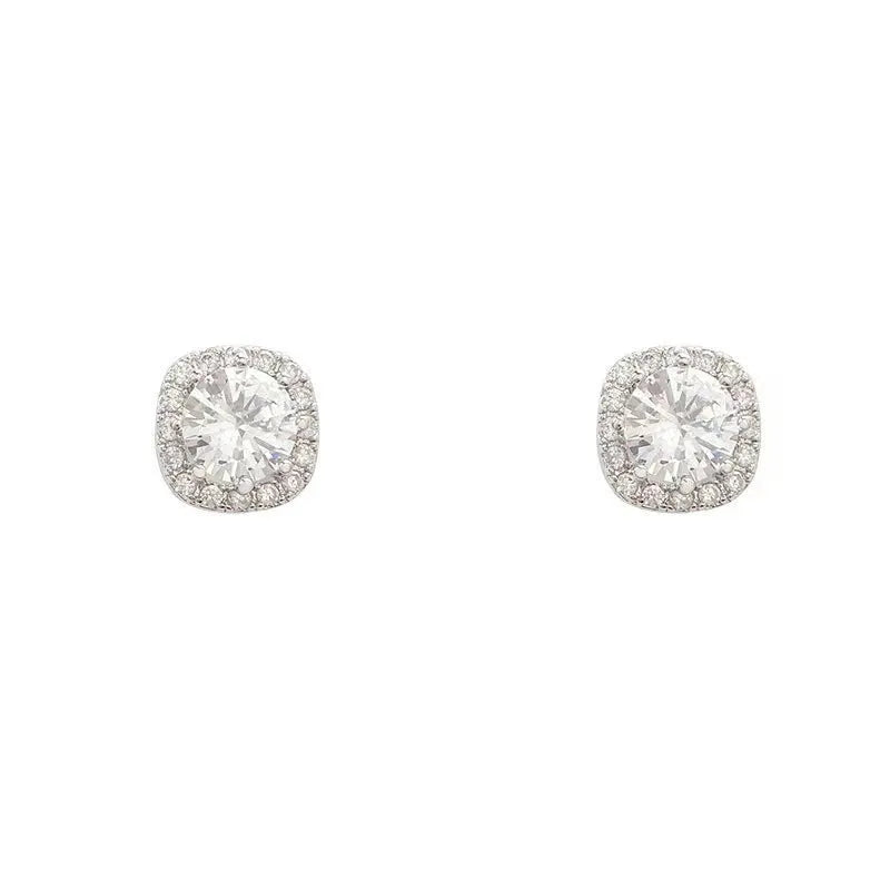 Square geometric women's earrings with diamond treatment in silver and gold alloy