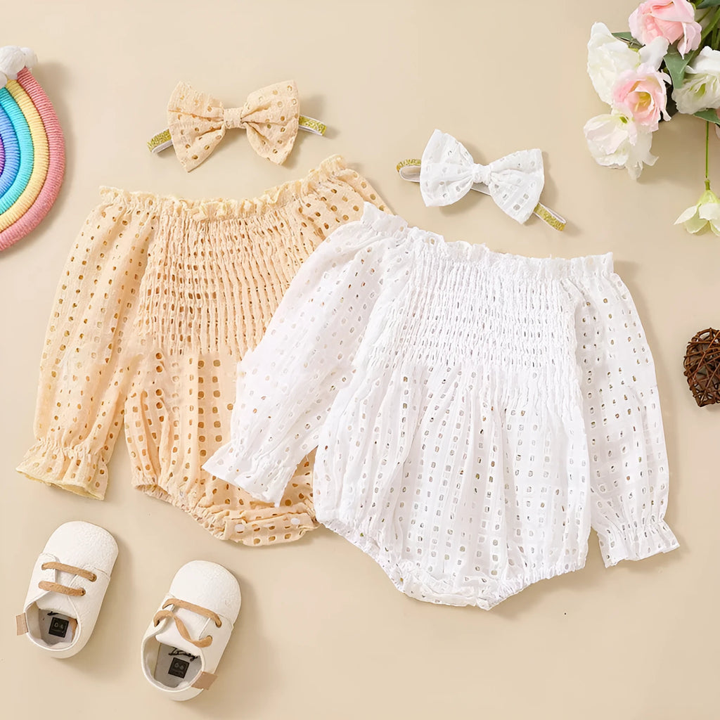 baby girl cotton mesh smocking long sleeve off shoulder two piece set apricot white 60-90cm