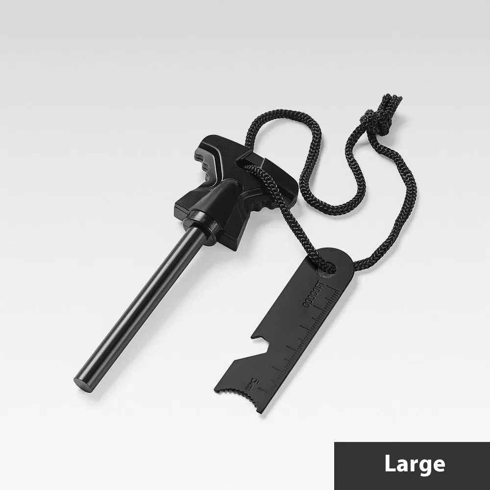 Stainless steel butterfly-shaped fire starter tool with bottle opener on a white background.