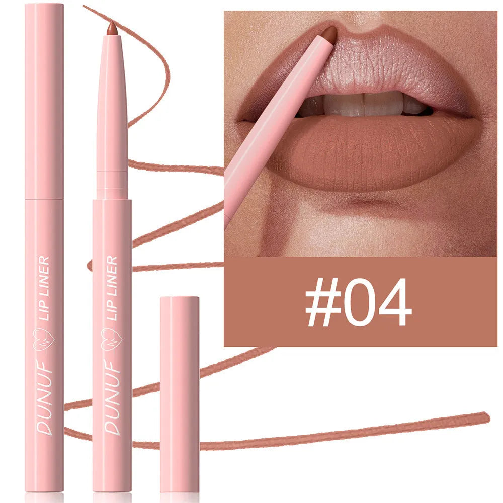 Velvet matte lip liner pencil in one of 12 available shades on a white background.