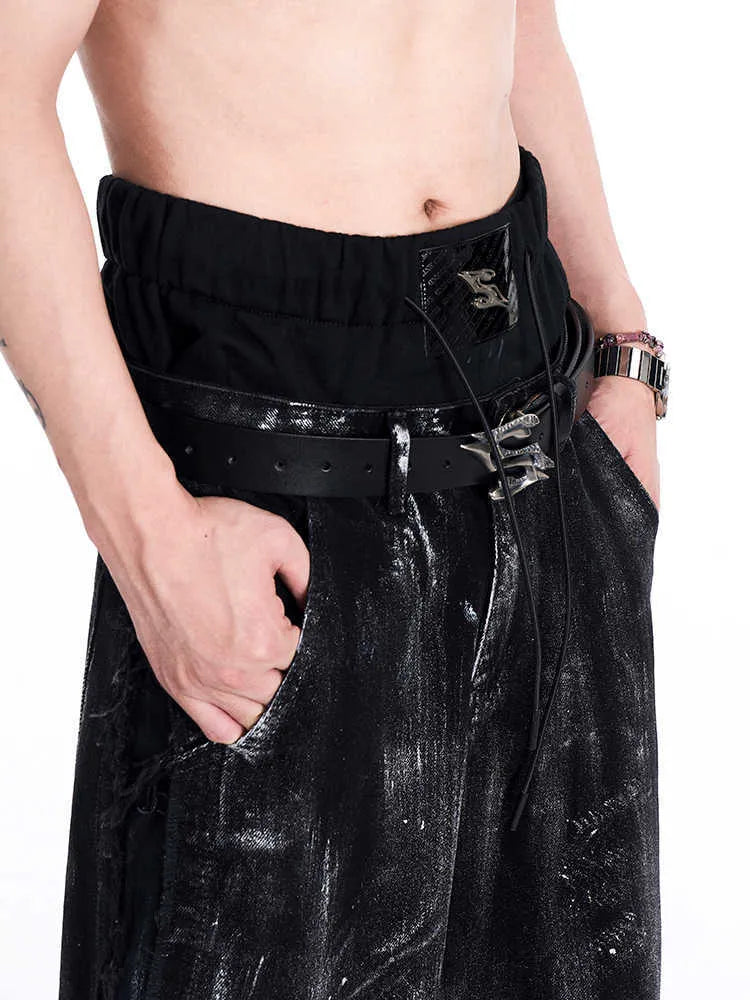 Men's black two-layer cowhide leather belt with a metal letter buckle, 110cm long.