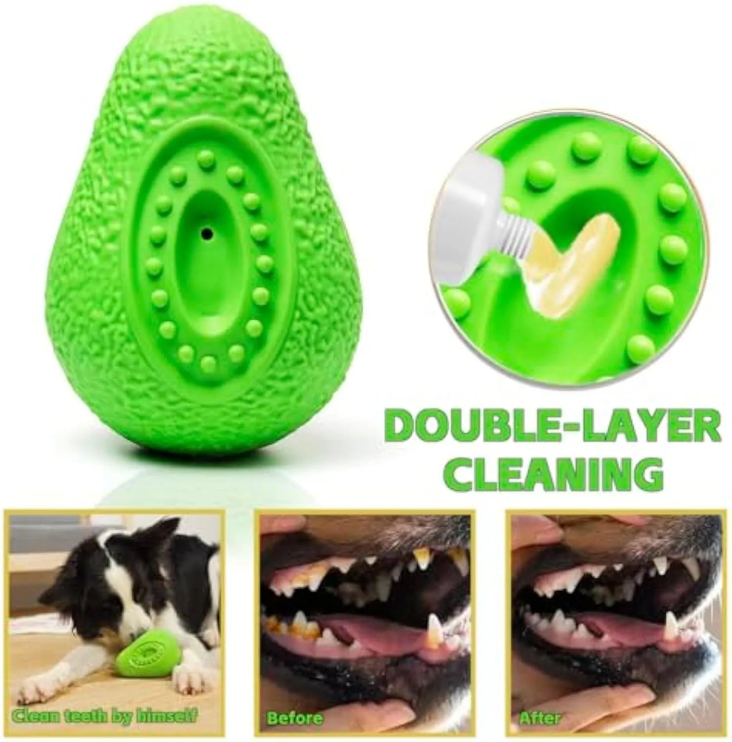 Green avocado-shaped heavy-duty rubber dog chew toy for aggressive chewers and large breeds