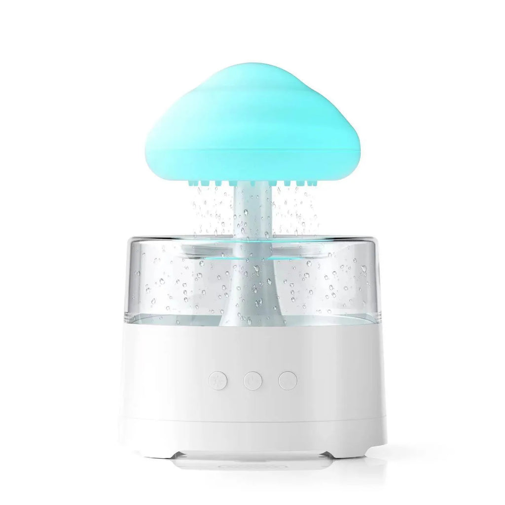 White resin mushroom cloud shaped desktop aroma diffuser with colourful light modes and USB cable