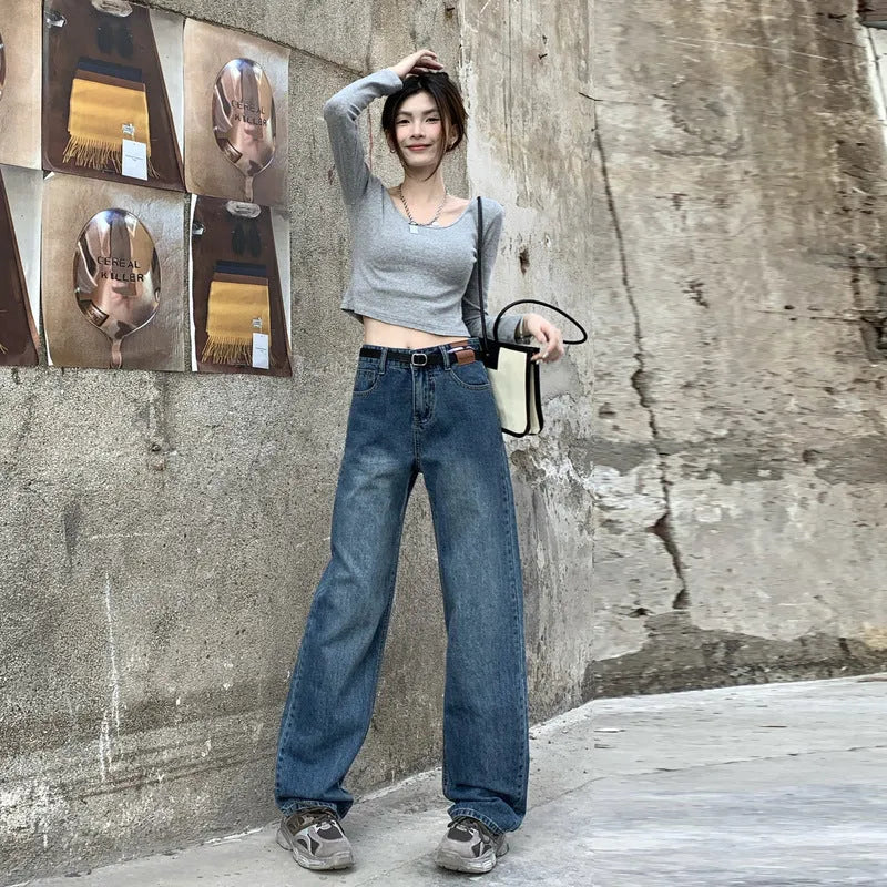 Women's retro blue straight leg jeans with high-waist design in three length variations
