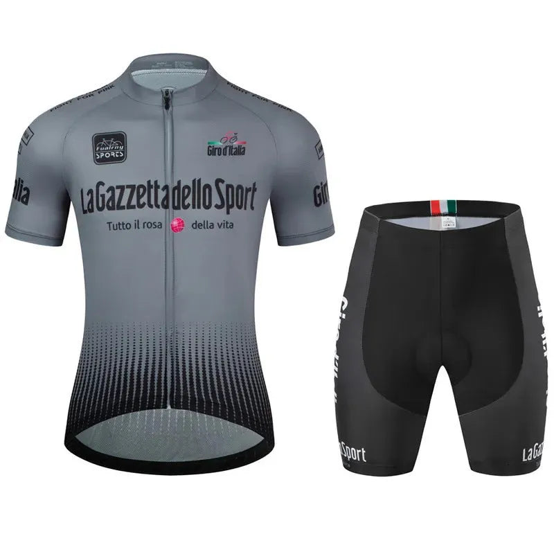 Unisex short sleeve cycling suit in row pattern design, made from quick-dry polyester fabric.