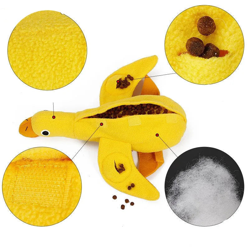Yellow teddy pet toy with attached duck doll and built-in dog sound mechanism