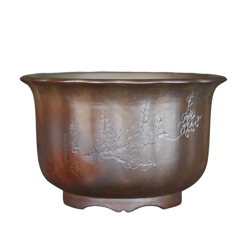 Large indoor ceramic flower pot with wood burning antique carved finish and purple sand material