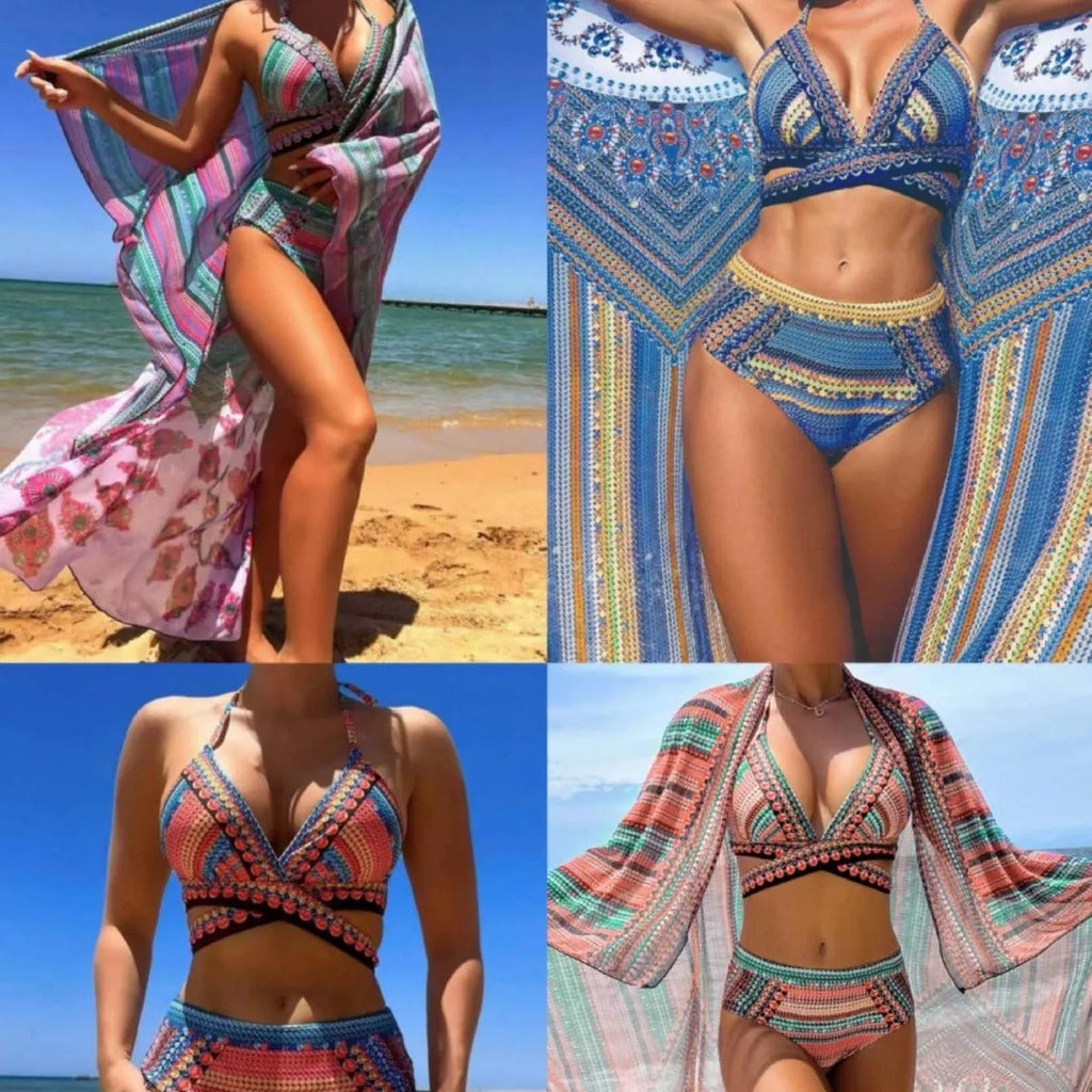 Women's cross bandage three-piece swimsuit with high waist veils design in blue red colour
