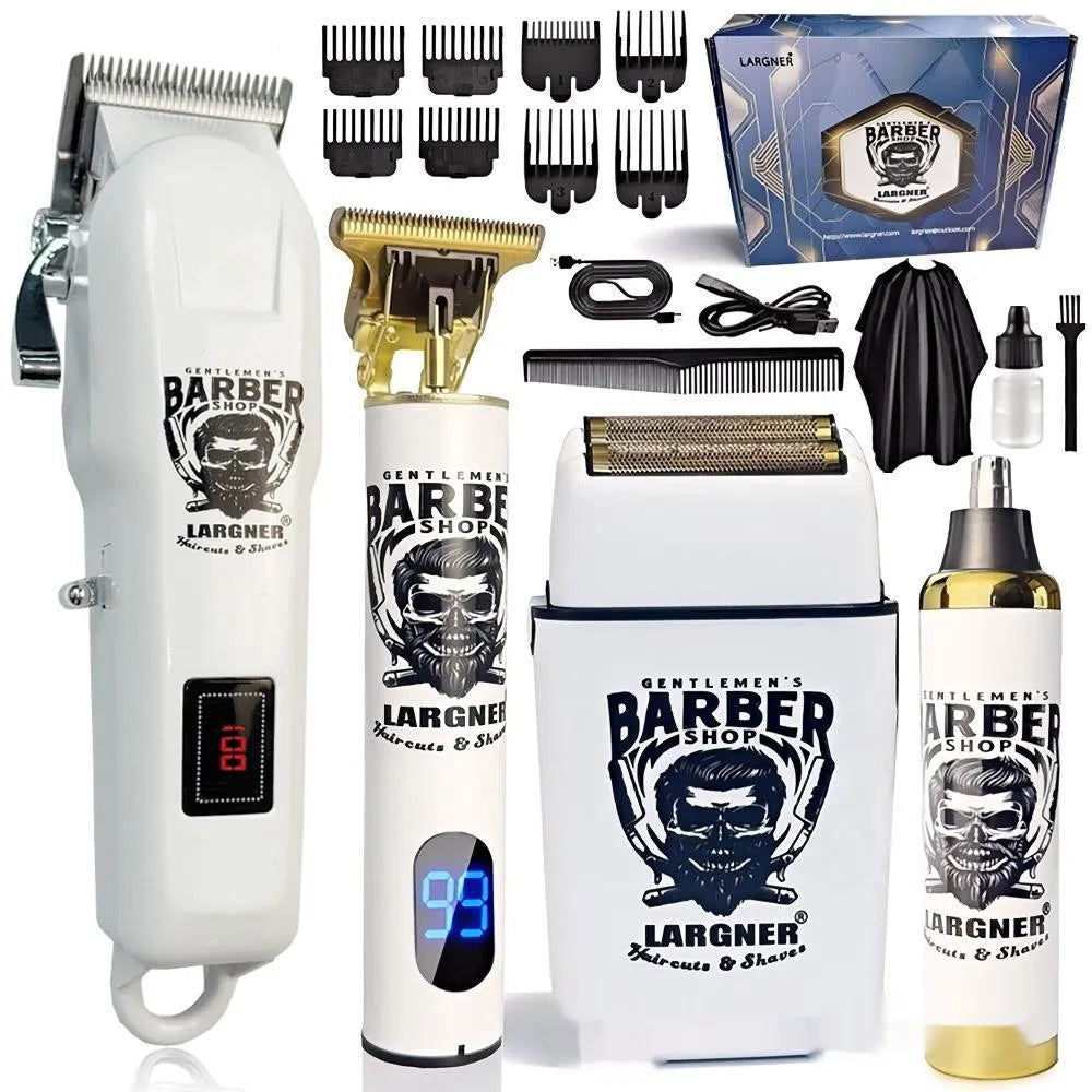 Rechargeable hair clipper with stainless steel cutter head and plastic guards on white background