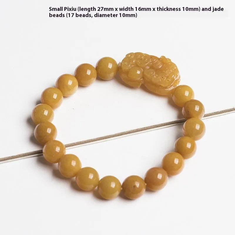 Carved Jinsi Jade money bracelet showing golden thread detail, displayed in large and small size options.