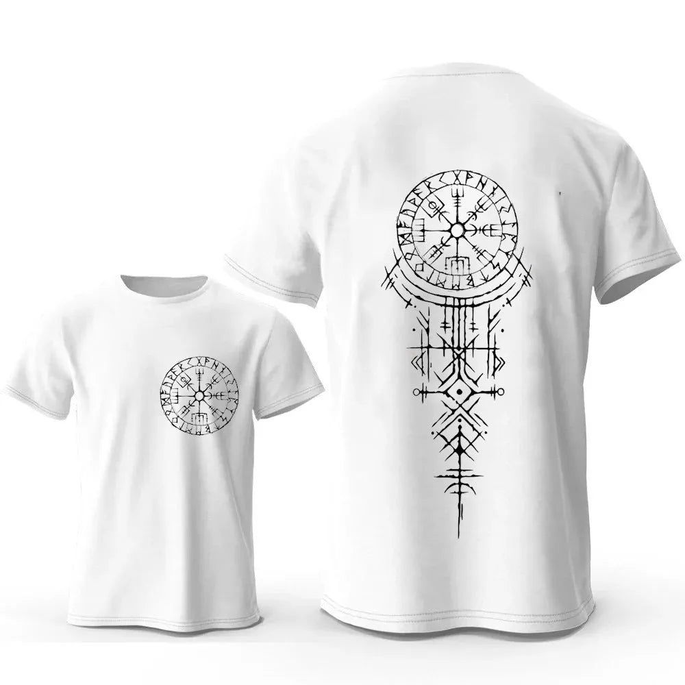 Man wearing a grey t-shirt with a large Viking rune compass graphic printed on the chest.