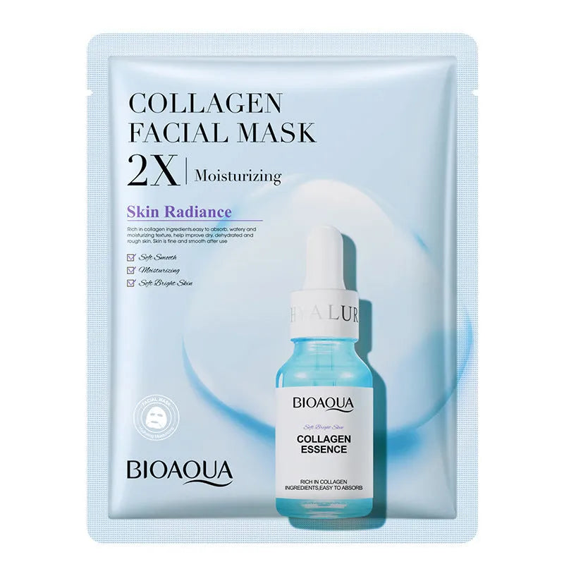Single-use gel facial sheet mask in packaging, 30g collagen or hyaluronic acid formula.