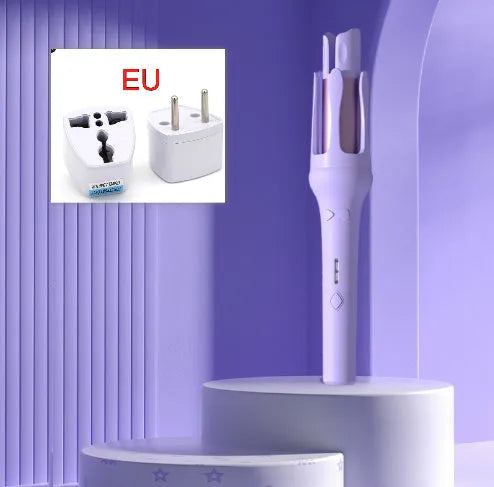 Automatic hair curler with 32mm ceramic barrel in pink, showing wired power cord and included US/EU travel adapters.