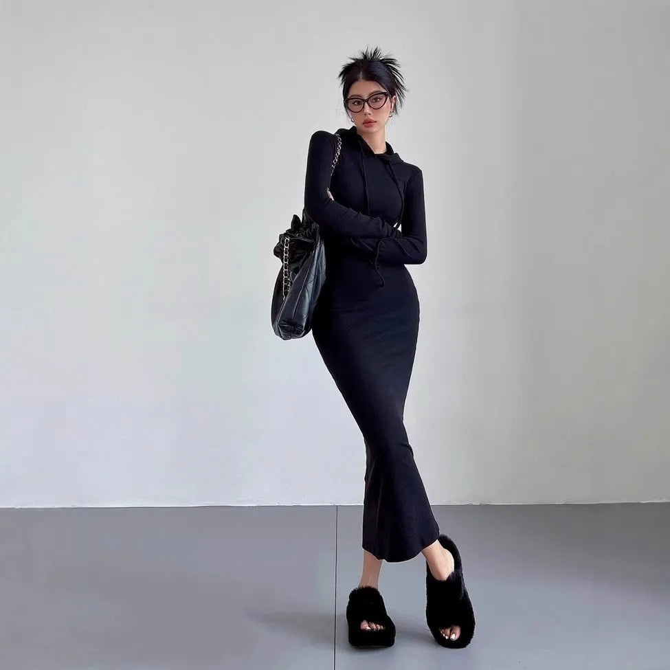 Women's grey hooded sheath dress with long sleeves and over-the-knee length in high-waist styling