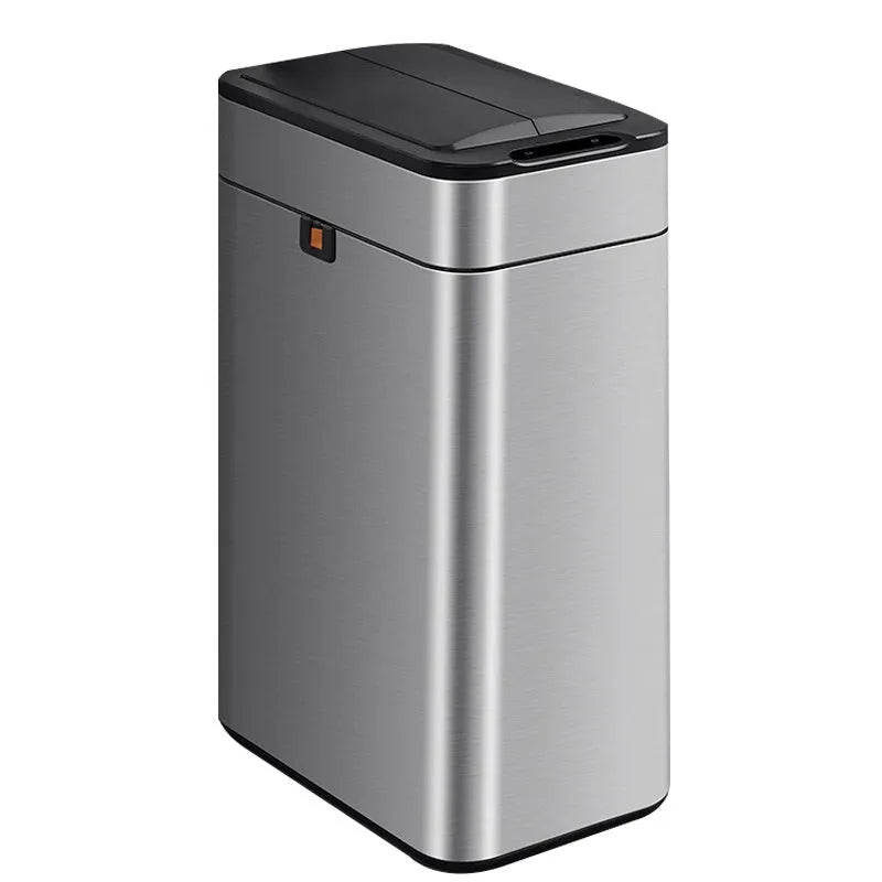 Stainless steel smart trash can with inductive lid and square shape on kitchen floor.