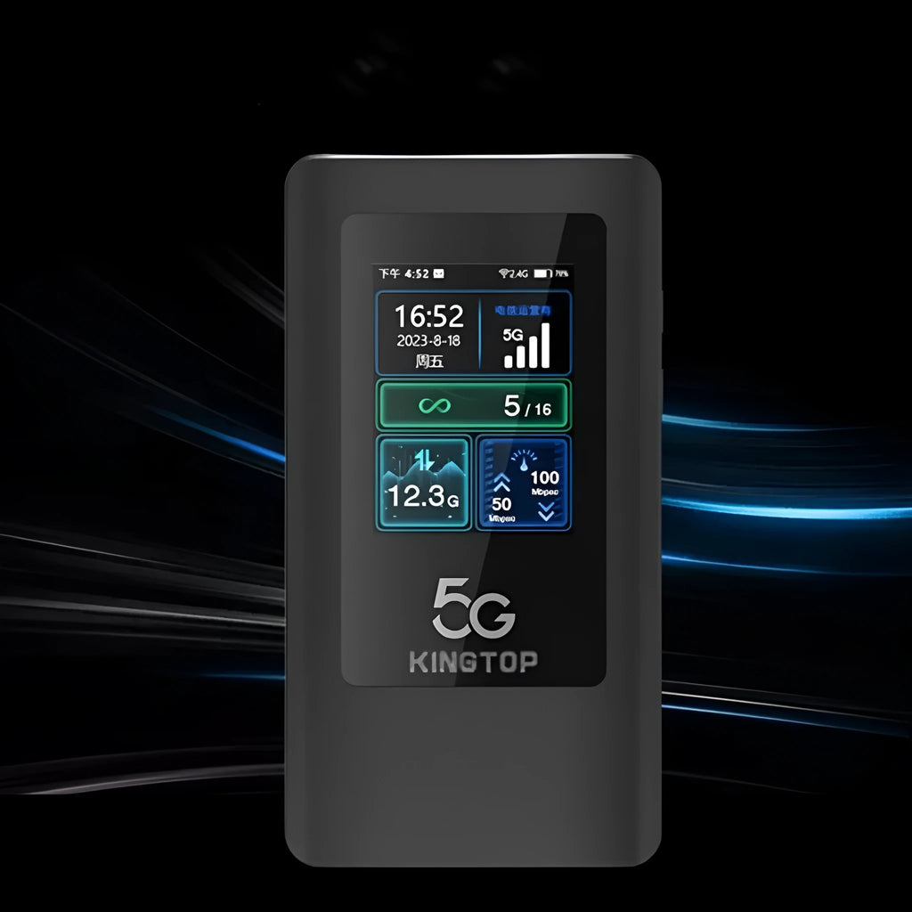 Black portable 5G Wi-Fi router with LCD display screen showing signal status.