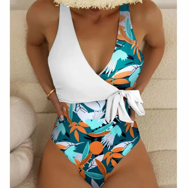 Women's high waist one-piece bikini in printed pattern with quick-dry polyester fabric