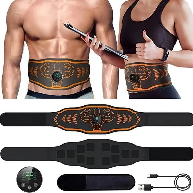 Smart EMS massage belt with orange or blue host unit, includes belt strap and arm stickers