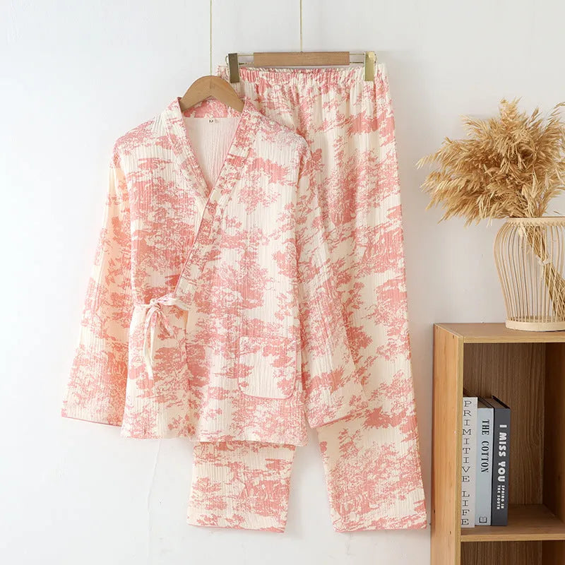 Women's pure cotton gauze loungewear set with lace-up trousers in frosted pine tree colours