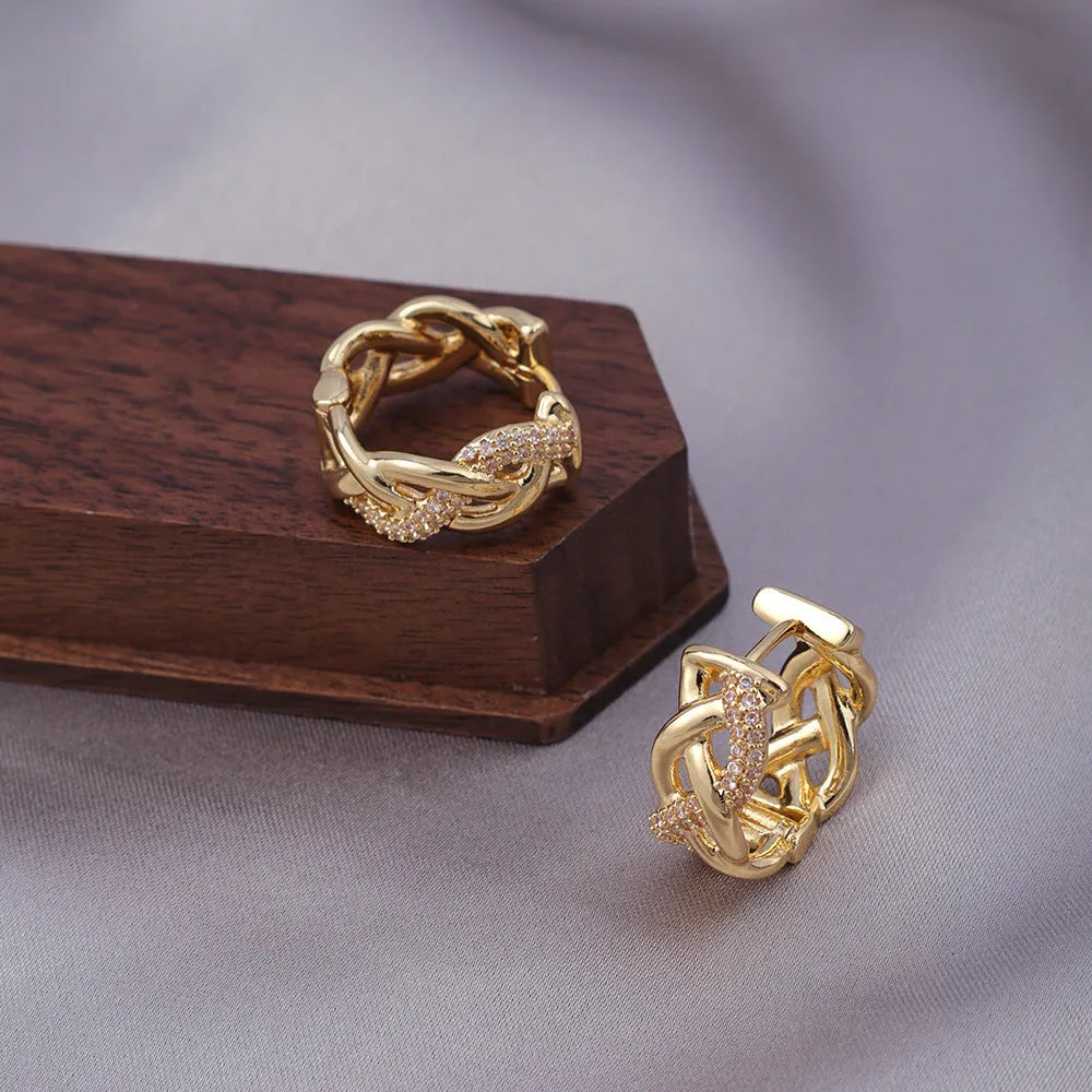 Gold-plated micro zircon stud earrings with woven twisted copper geometry design