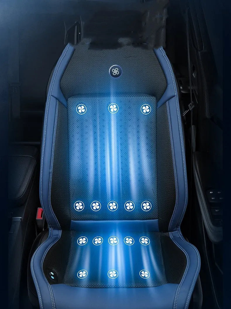 Black minimalist car seat cooling pad with USB cable for ventilation and massage functions on a car seat
