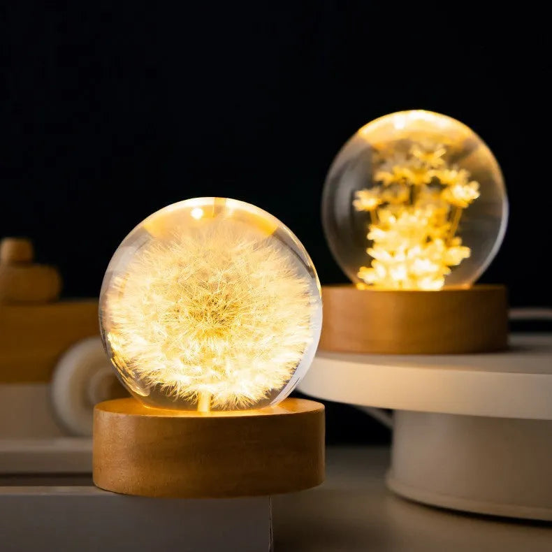 LED dandelion crystal ball night light on beech wood base, 60mm diameter