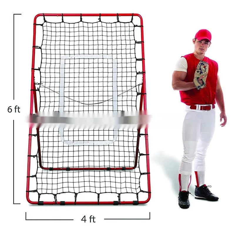 Red portable baseball training net with metal frame, adjustable 4x6FT size