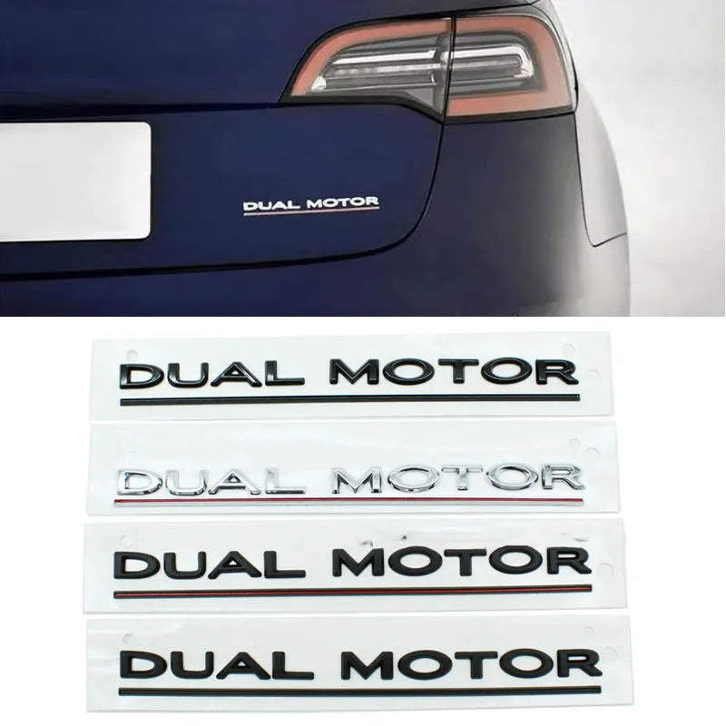 Tesla Model 3 Performance rear bumper sticker in ABS plastic, 19cm by 3cm, shown in matte black and stripe variants.