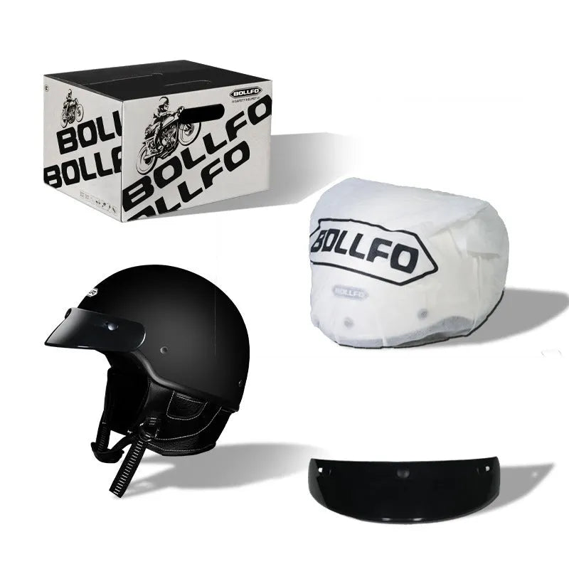 Retro-style motorcycle helmet on a solid background showing Ivory White, Starry Sky Black, Matte Black, and Cement Grey colour options.