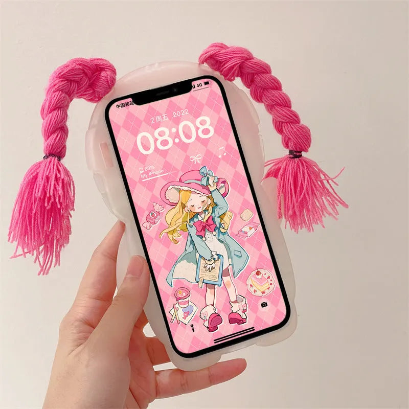 Pink and green silicone iPhone case with cartoon design of a girl in swimsuit with braids.