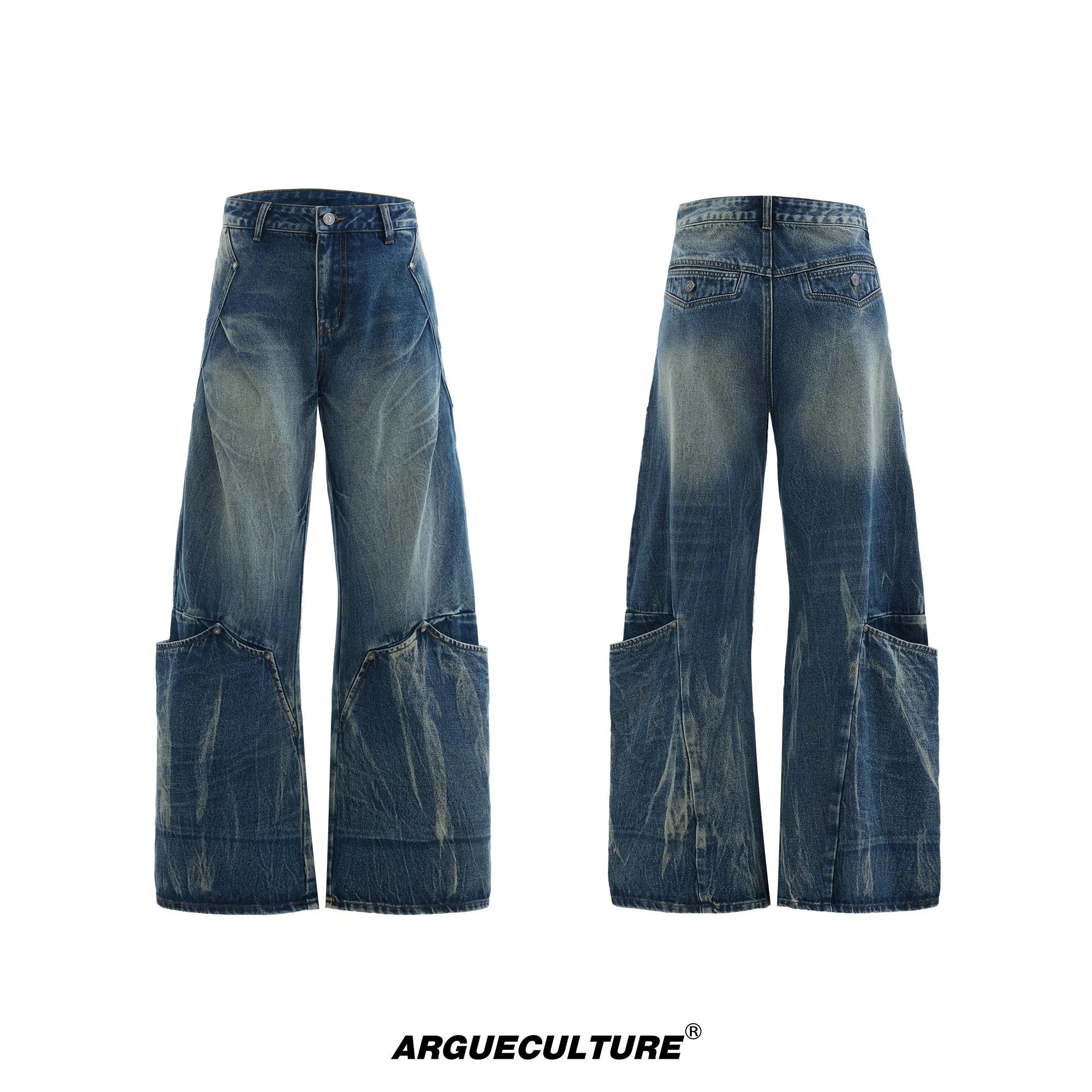 Men's verdant blue loose-fit jeans with a retro washed burst pattern and curved knife leg detail.