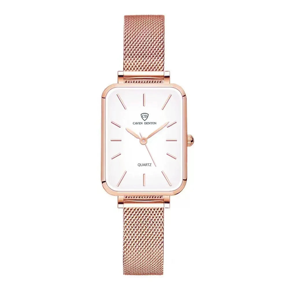 Women's rose gold waterproof quartz watch with woven steel band on wrist.