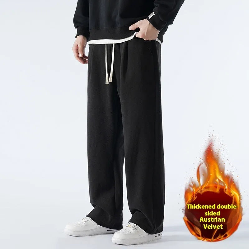 Men's double-sided polar fleece fleece-lined winter trousers in loose fit Korean style