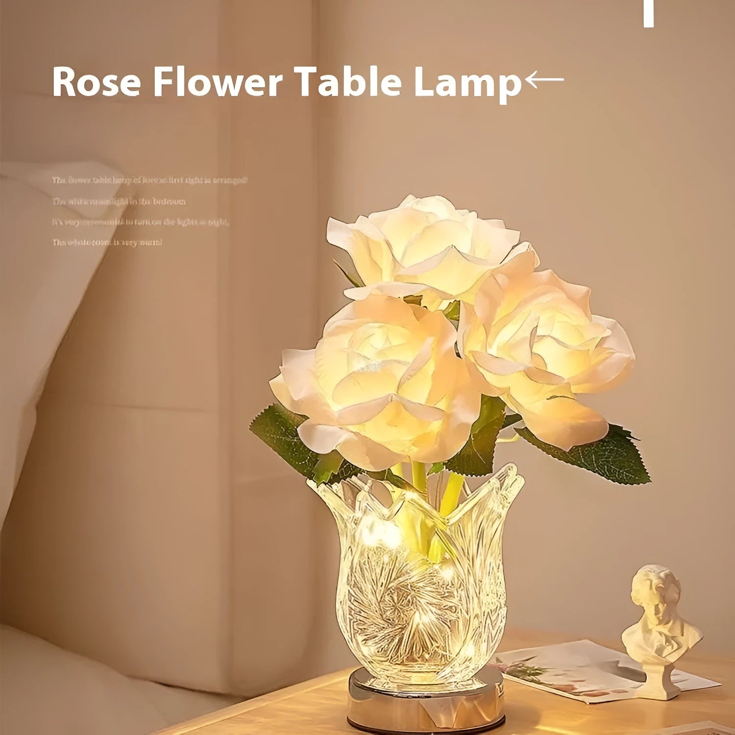 Crystal flowers design USB rechargeable table lamp with touch dimming control on wooden surface
