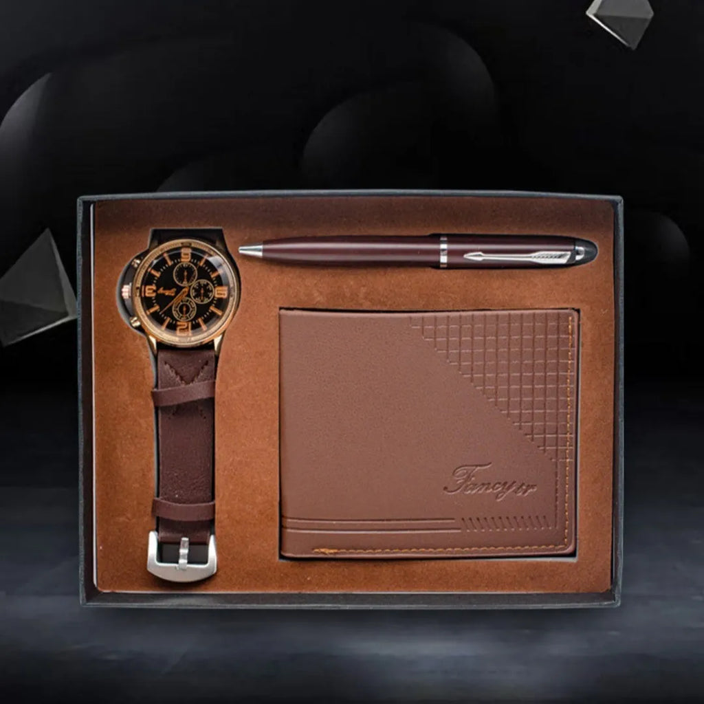Brown leather wallet, ballpoint pen, and wristwatch set presented in a modern gift box