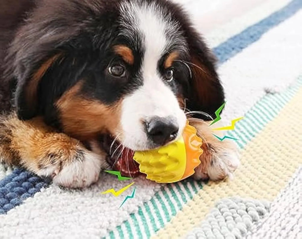 Blue and orange squeaky spiky rubber dog ball for aggressive chewers and dental health.