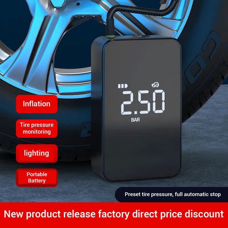 Small black wireless digital tyre inflator pump with a screen, showing 140psi max pressure