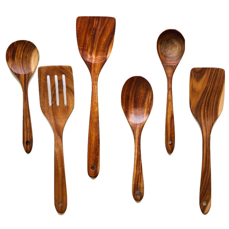 7-piece wooden cooking utensil set showing spoons and spatulas with non-slip handles