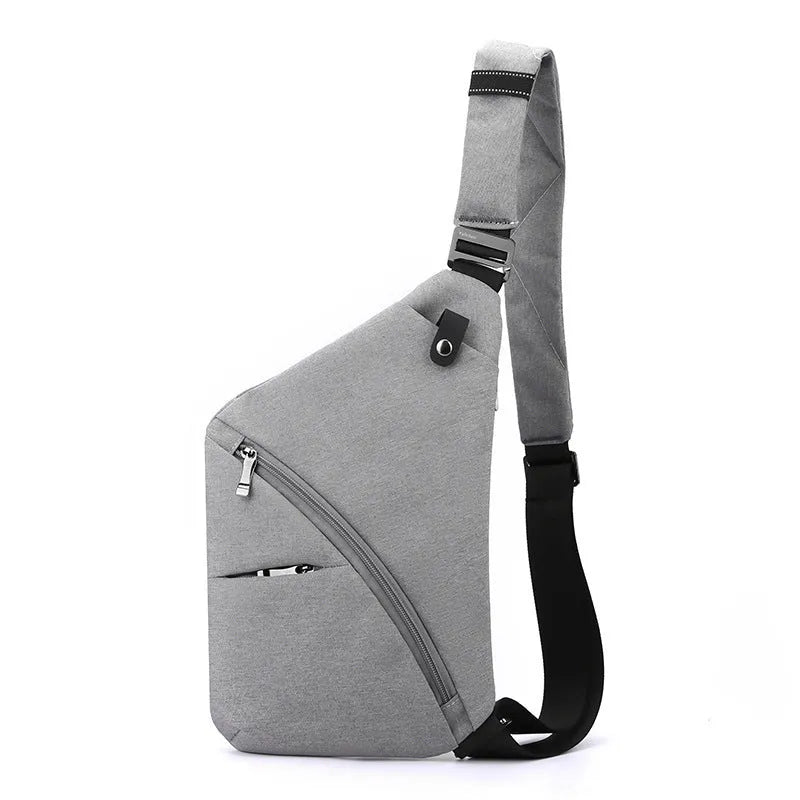 Men's Oxford cloth chest bag with single shoulder strap in grey or black colour with letter pattern.