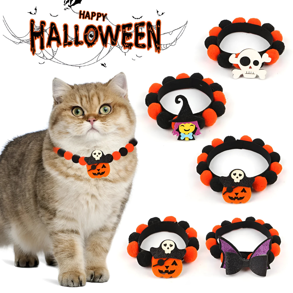 Halloween pet collar with fluffy fur ball accessory in pumpkin design, shown in size M